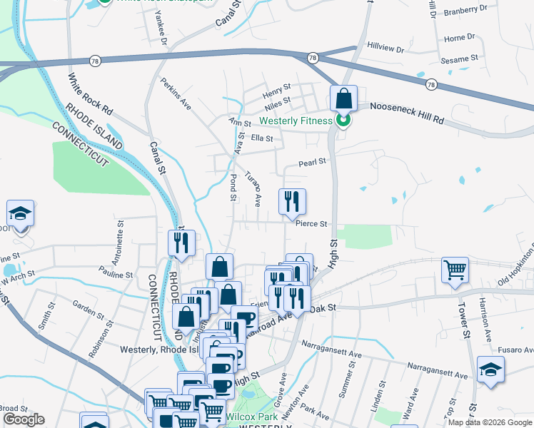map of restaurants, bars, coffee shops, grocery stores, and more near 11 Turano Avenue in Westerly