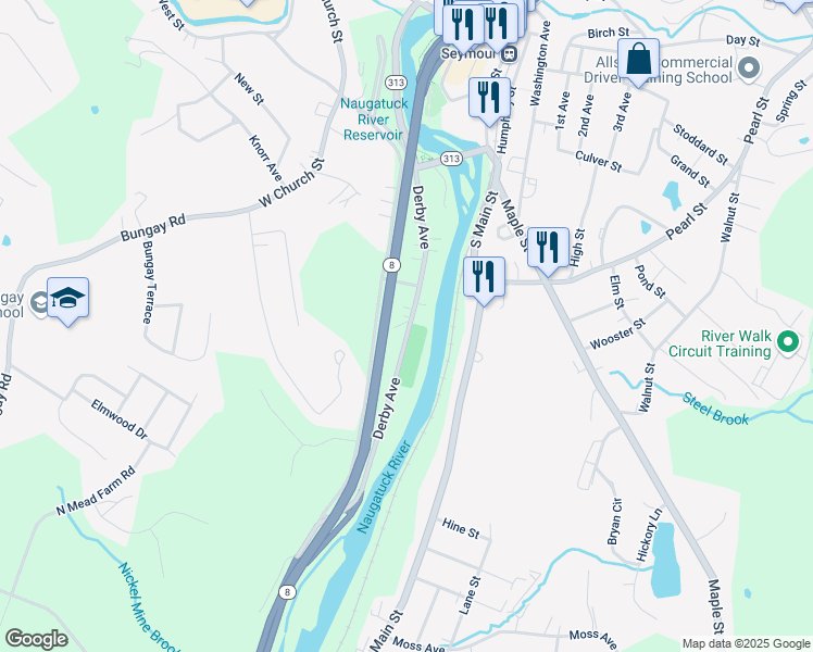 map of restaurants, bars, coffee shops, grocery stores, and more near 94 Derby Avenue in Seymour