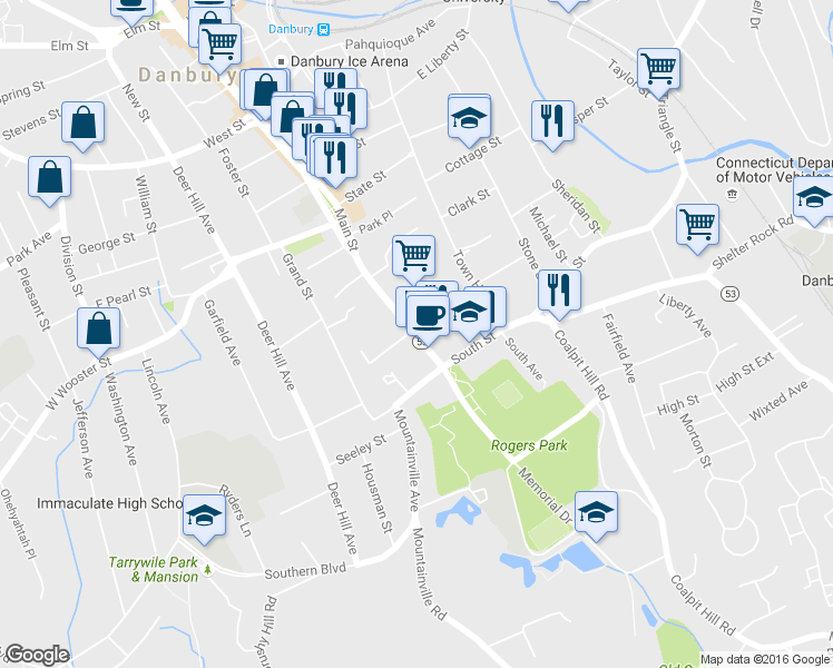 map of restaurants, bars, coffee shops, grocery stores, and more near 19 Main Street in Danbury