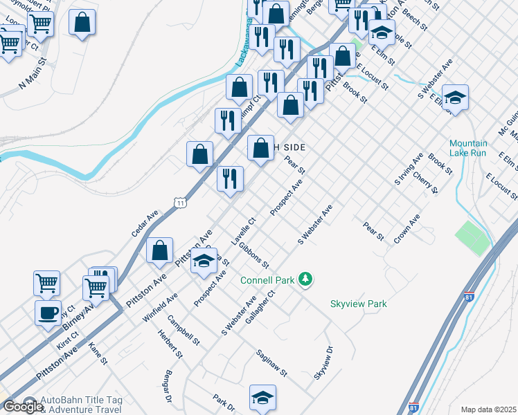 map of restaurants, bars, coffee shops, grocery stores, and more near 517 Breck Street in Scranton