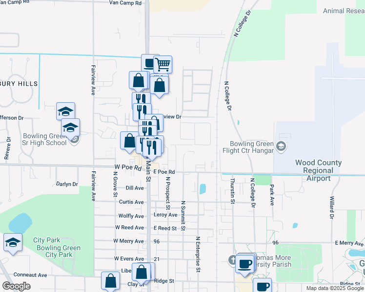 map of restaurants, bars, coffee shops, grocery stores, and more near 26 Park View M H P Road 1 in Bowling Green