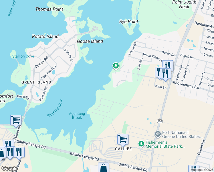 map of restaurants, bars, coffee shops, grocery stores, and more near 220 Knowlesway Extension in Narragansett