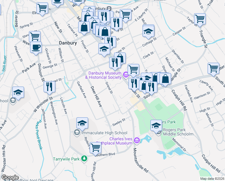 map of restaurants, bars, coffee shops, grocery stores, and more near 57 Grand Street in Danbury
