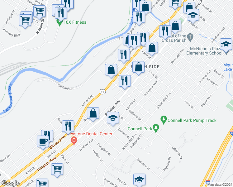 map of restaurants, bars, coffee shops, grocery stores, and more near 431 Gibbons Street in Scranton