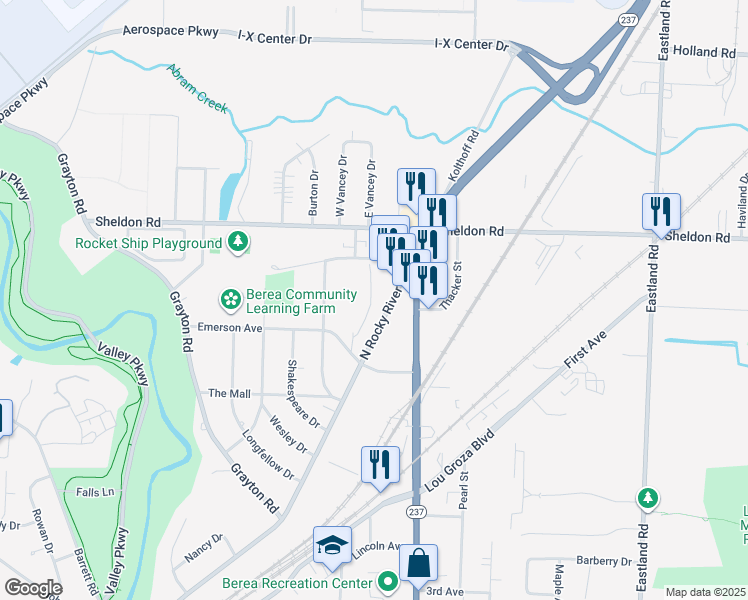 map of restaurants, bars, coffee shops, grocery stores, and more near 80 Emerson Avenue in Berea