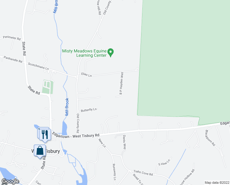 map of restaurants, bars, coffee shops, grocery stores, and more near 666 Old County Road in West Tisbury