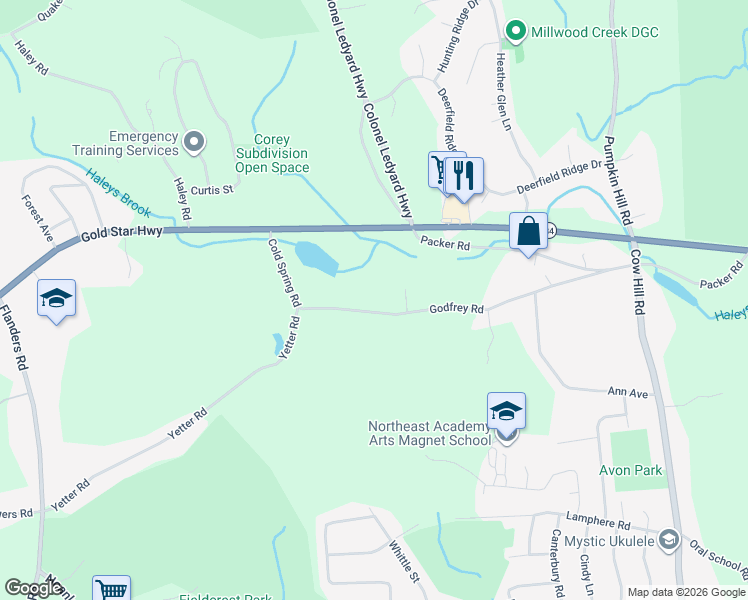 map of restaurants, bars, coffee shops, grocery stores, and more near 90 Godfrey Road in Groton