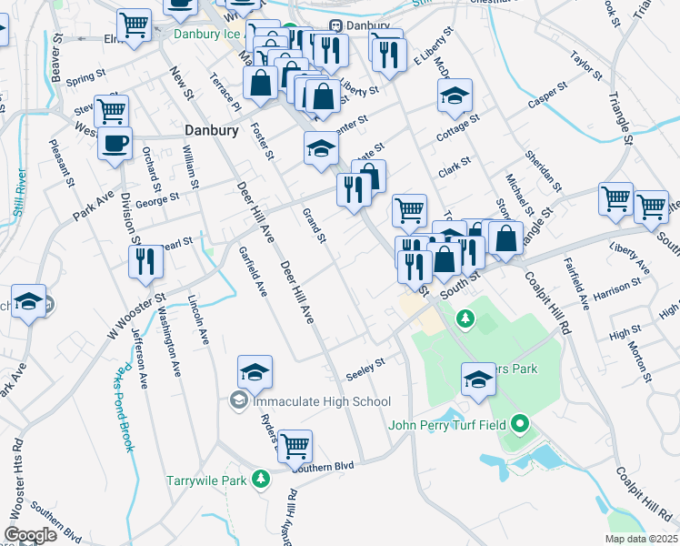 map of restaurants, bars, coffee shops, grocery stores, and more near 45 Grand Street in Danbury