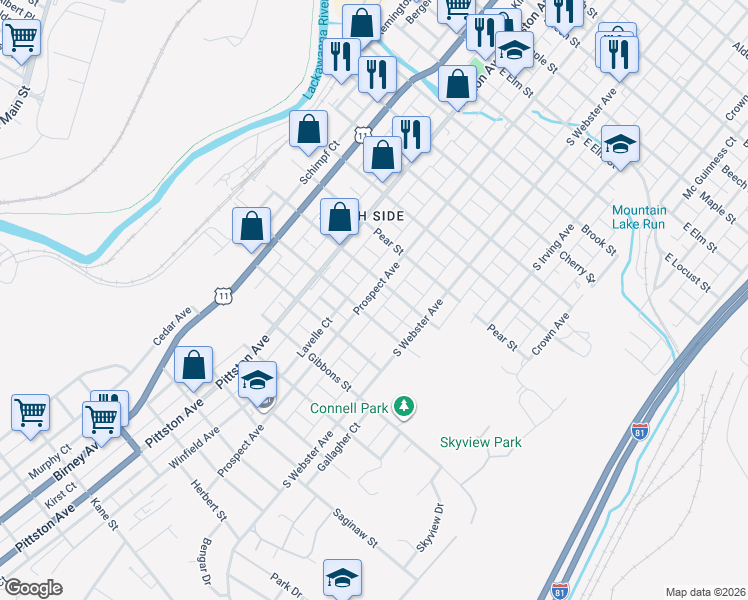 map of restaurants, bars, coffee shops, grocery stores, and more near 550 Genet Street in Scranton