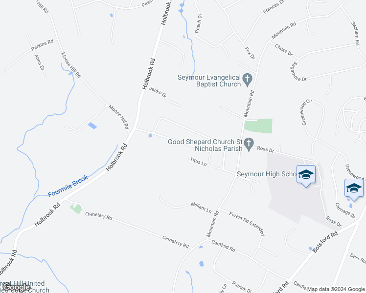 map of restaurants, bars, coffee shops, grocery stores, and more near 13 Stanley Drive in Seymour