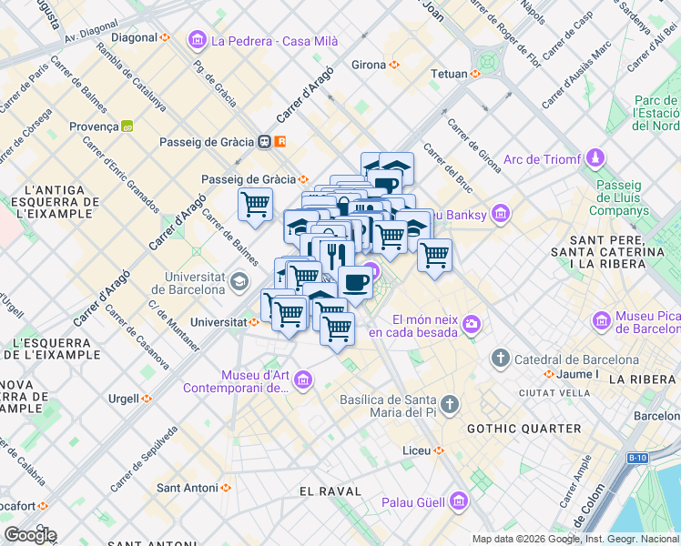 map of restaurants, bars, coffee shops, grocery stores, and more near in Barcelona