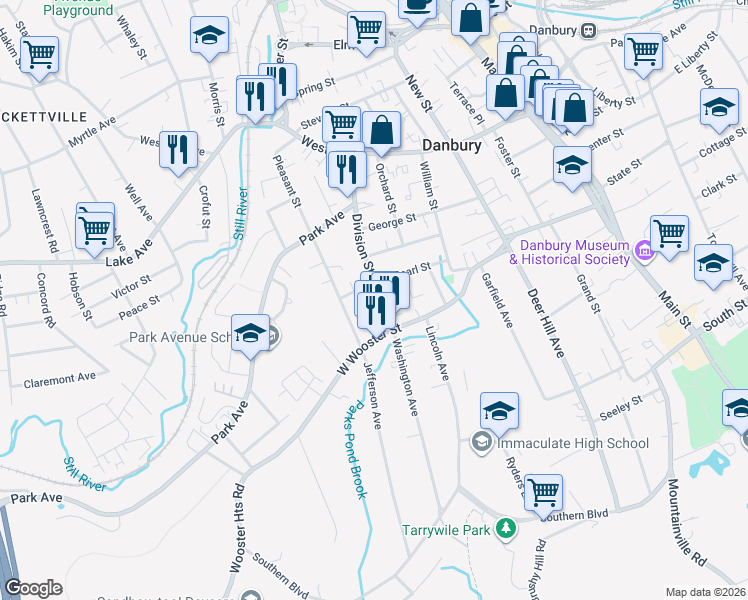 map of restaurants, bars, coffee shops, grocery stores, and more near 19 Division Street in Danbury