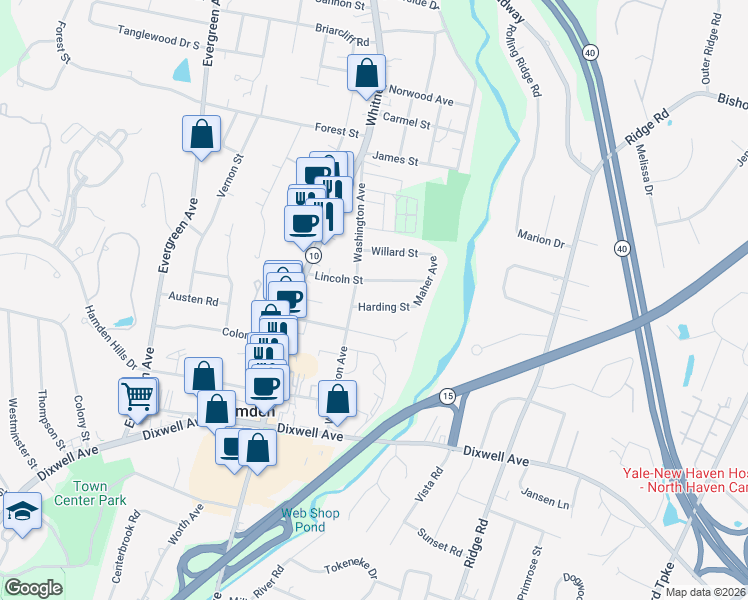 map of restaurants, bars, coffee shops, grocery stores, and more near 81 Lincoln Street in Hamden