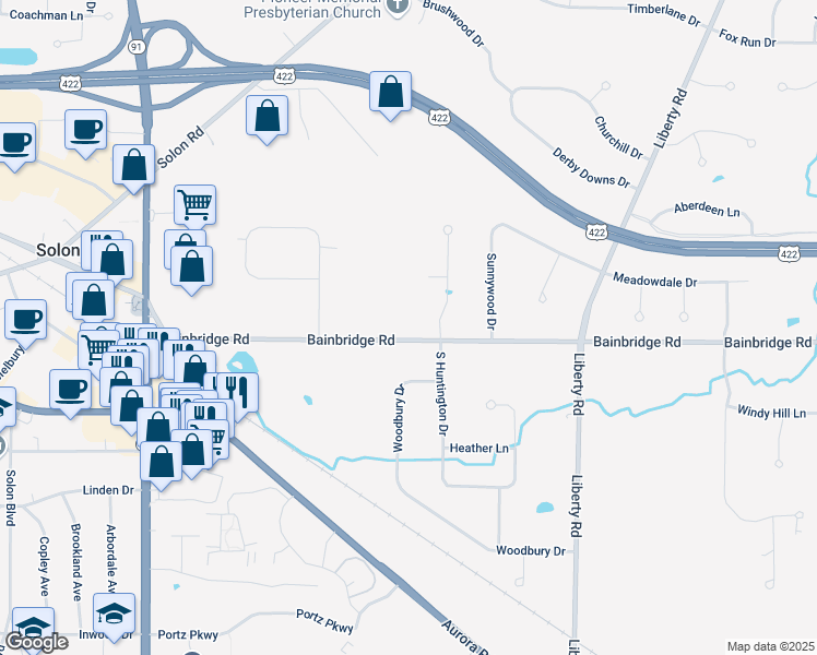 map of restaurants, bars, coffee shops, grocery stores, and more near 35325 Bainbridge Road in Solon