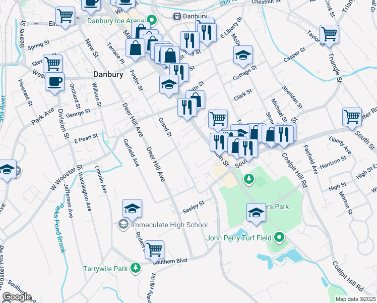 map of restaurants, bars, coffee shops, grocery stores, and more near 42 Main Street in Danbury