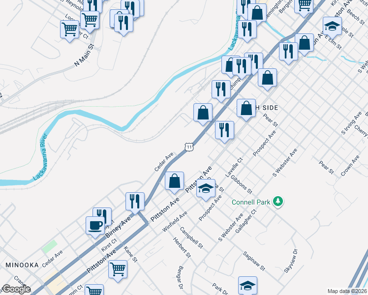 map of restaurants, bars, coffee shops, grocery stores, and more near 2220 Cedar Avenue in Scranton