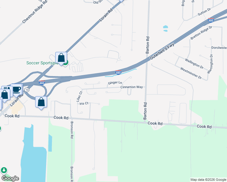 map of restaurants, bars, coffee shops, grocery stores, and more near 30301 Ginger Lane in North Olmsted
