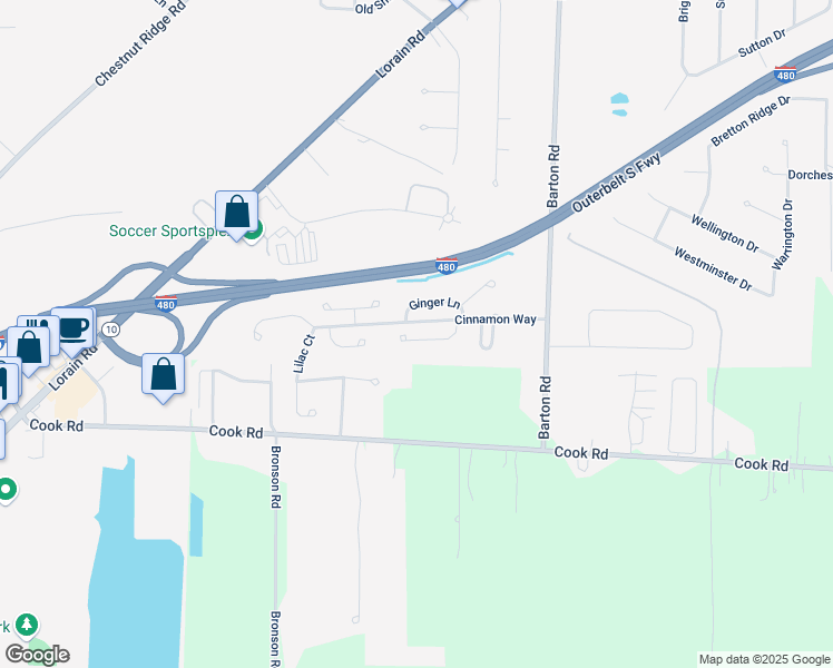 map of restaurants, bars, coffee shops, grocery stores, and more near 30301 Ginger Lane in North Olmsted
