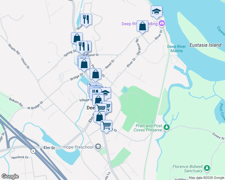 map of restaurants, bars, coffee shops, grocery stores, and more near 27 High Street in Deep River