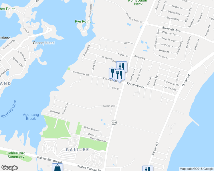 map of restaurants, bars, coffee shops, grocery stores, and more near 11 Kathy Ann Drive in Narragansett