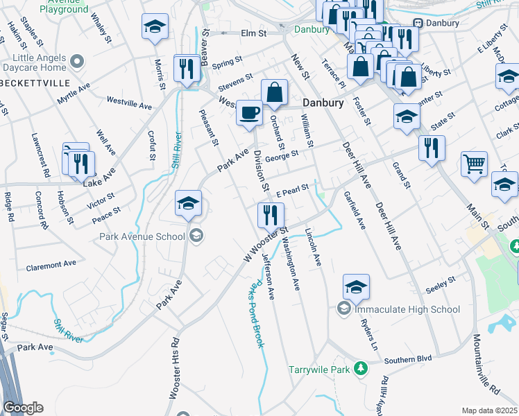 map of restaurants, bars, coffee shops, grocery stores, and more near 10 Pearl Street in Danbury