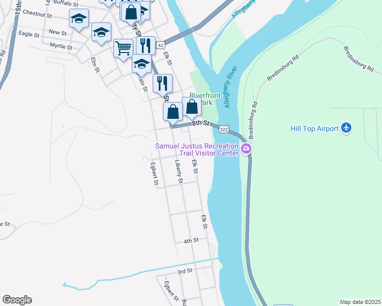 map of restaurants, bars, coffee shops, grocery stores, and more near 310 7th Street in Franklin