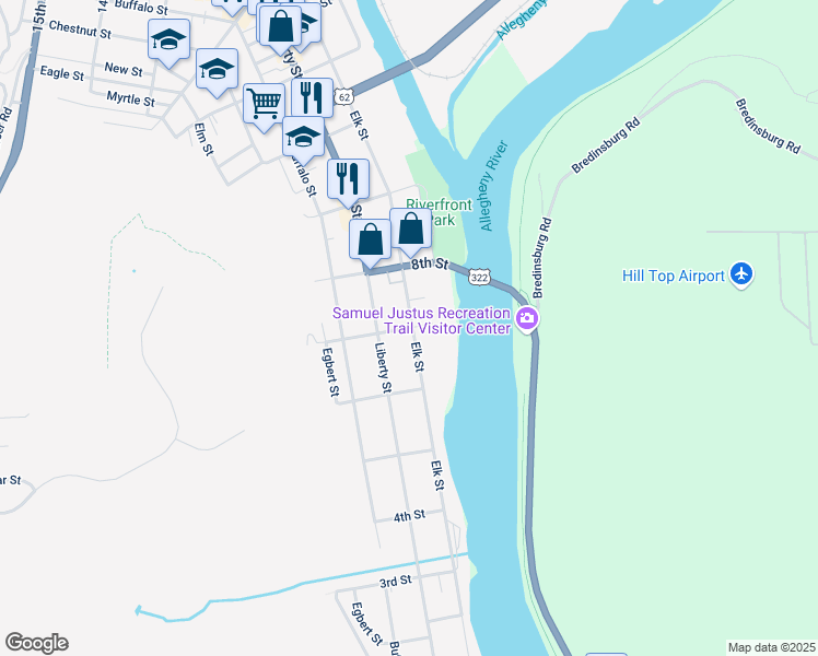 map of restaurants, bars, coffee shops, grocery stores, and more near 310 7th Street in Franklin