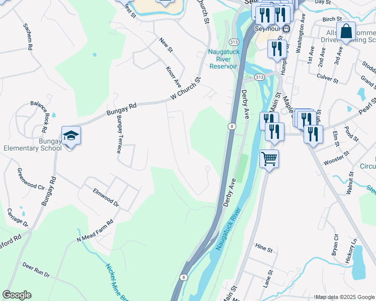 map of restaurants, bars, coffee shops, grocery stores, and more near 69 Seymour Avenue in Seymour