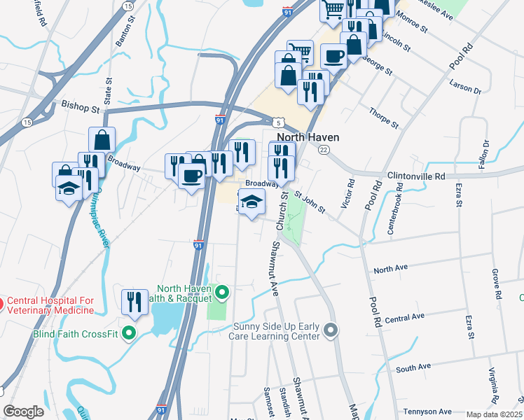 map of restaurants, bars, coffee shops, grocery stores, and more near 18 Church Street in North Haven