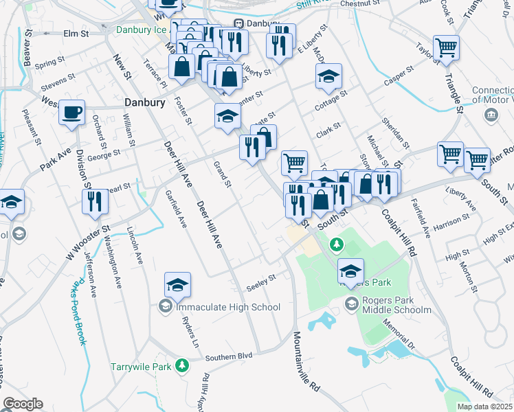 map of restaurants, bars, coffee shops, grocery stores, and more near 41 Grand Street in Danbury