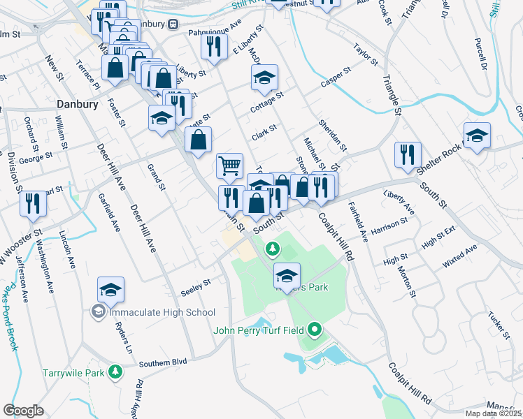 map of restaurants, bars, coffee shops, grocery stores, and more near 129 South Street in Danbury