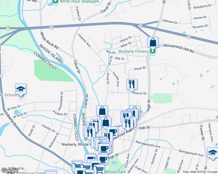 map of restaurants, bars, coffee shops, grocery stores, and more near 5 Pond Street in Westerly