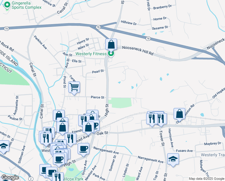 map of restaurants, bars, coffee shops, grocery stores, and more near 189 High Street in Westerly