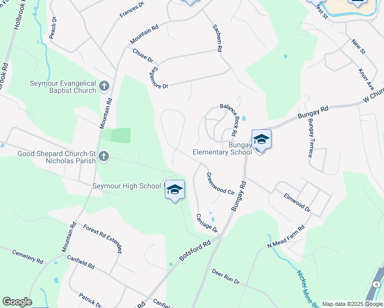 map of restaurants, bars, coffee shops, grocery stores, and more near 26 Greenwood Circle in Seymour