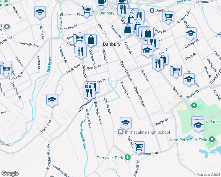 map of restaurants, bars, coffee shops, grocery stores, and more near 5 Spruce Street in Danbury