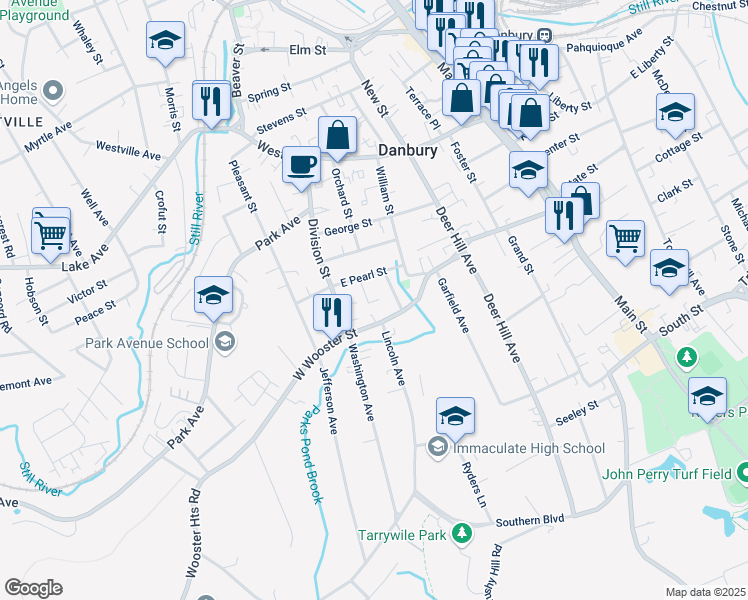 map of restaurants, bars, coffee shops, grocery stores, and more near 14 East Pearl Street in Danbury