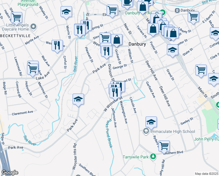 map of restaurants, bars, coffee shops, grocery stores, and more near 19 Division Street in Danbury