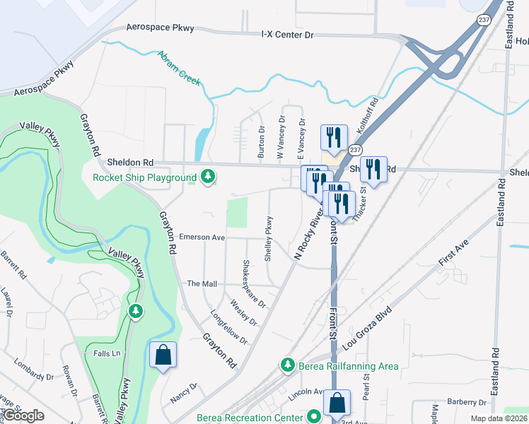 map of restaurants, bars, coffee shops, grocery stores, and more near 145 Riveredge Parkway in Berea