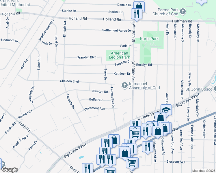 map of restaurants, bars, coffee shops, grocery stores, and more near 13492 Sheldon Road in Brook Park
