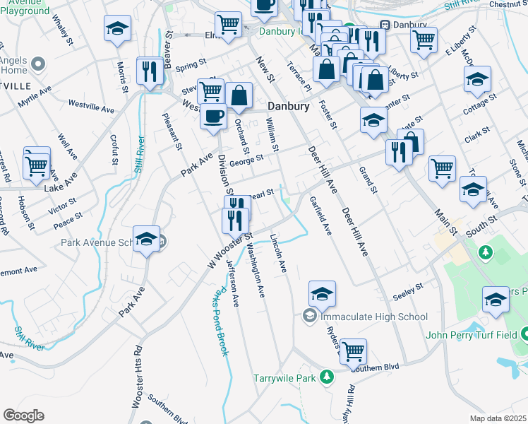 map of restaurants, bars, coffee shops, grocery stores, and more near 10 Linden Place in Danbury