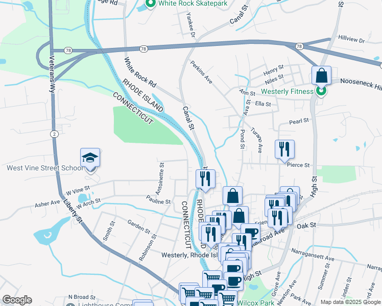 map of restaurants, bars, coffee shops, grocery stores, and more near 111 Stillman Avenue in Stonington