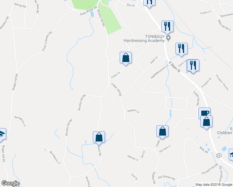 map of restaurants, bars, coffee shops, grocery stores, and more near 79 Cedar Hill Road in Newtown