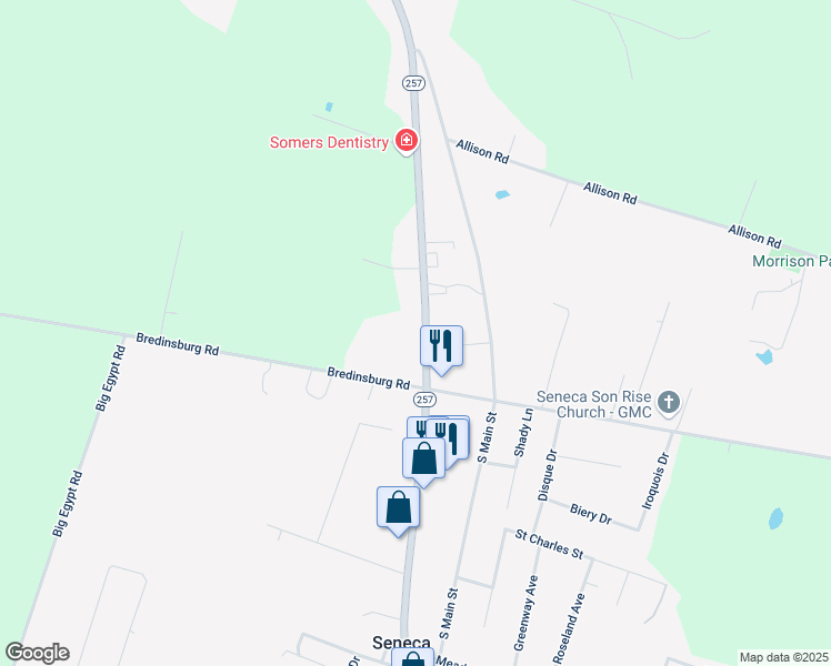 map of restaurants, bars, coffee shops, grocery stores, and more near 3467 Pennsylvania 257 in Seneca