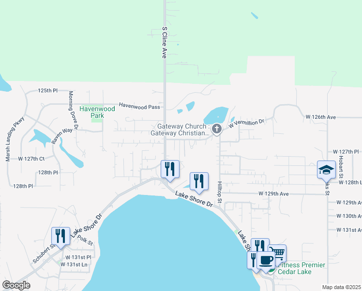 map of restaurants, bars, coffee shops, grocery stores, and more near 12713 Lee Street in Cedar Lake