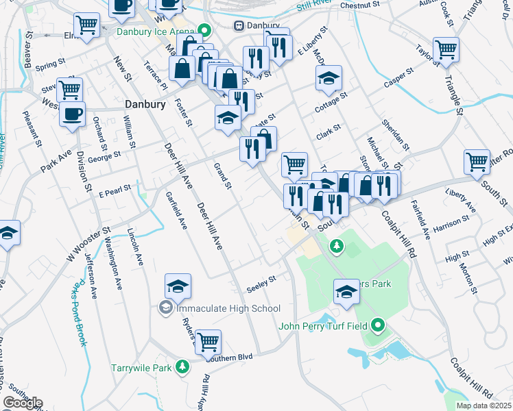 map of restaurants, bars, coffee shops, grocery stores, and more near 41 Grand Street in Danbury