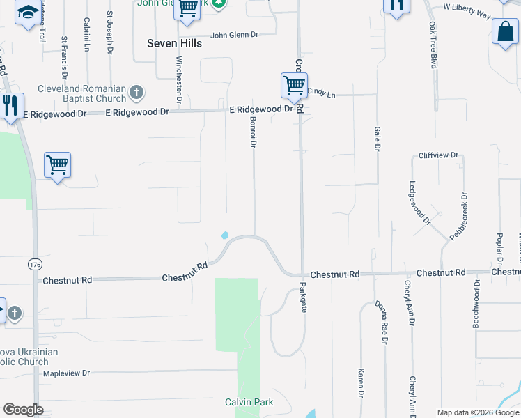 map of restaurants, bars, coffee shops, grocery stores, and more near 6503 Bonroi Drive in Seven Hills