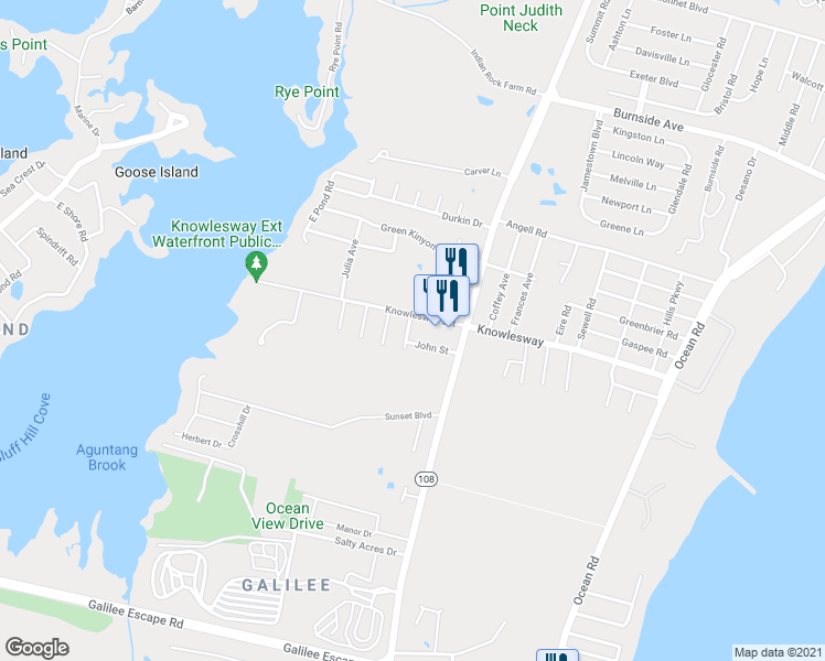 map of restaurants, bars, coffee shops, grocery stores, and more near 6 Kathy Ann Drive in Narragansett