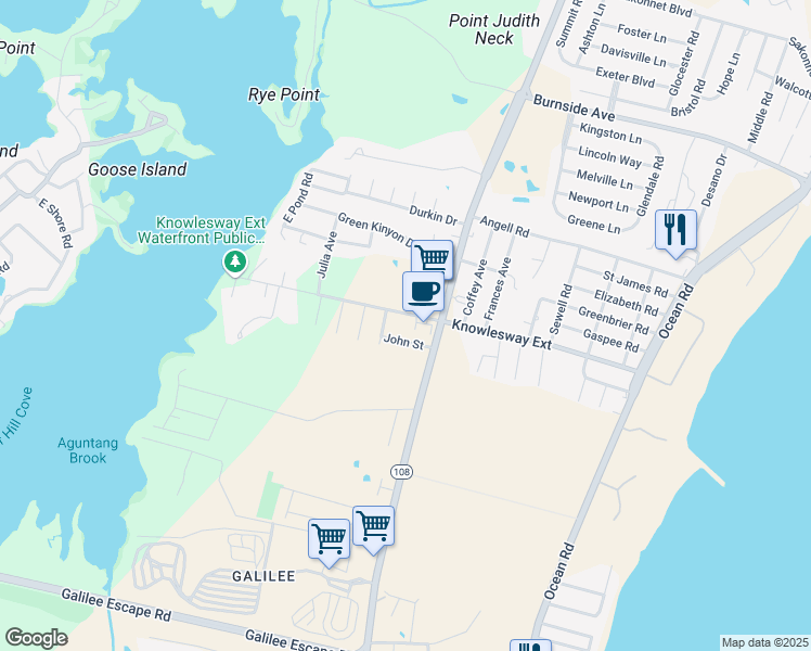 map of restaurants, bars, coffee shops, grocery stores, and more near 124 Knowlesway Extension in Narragansett
