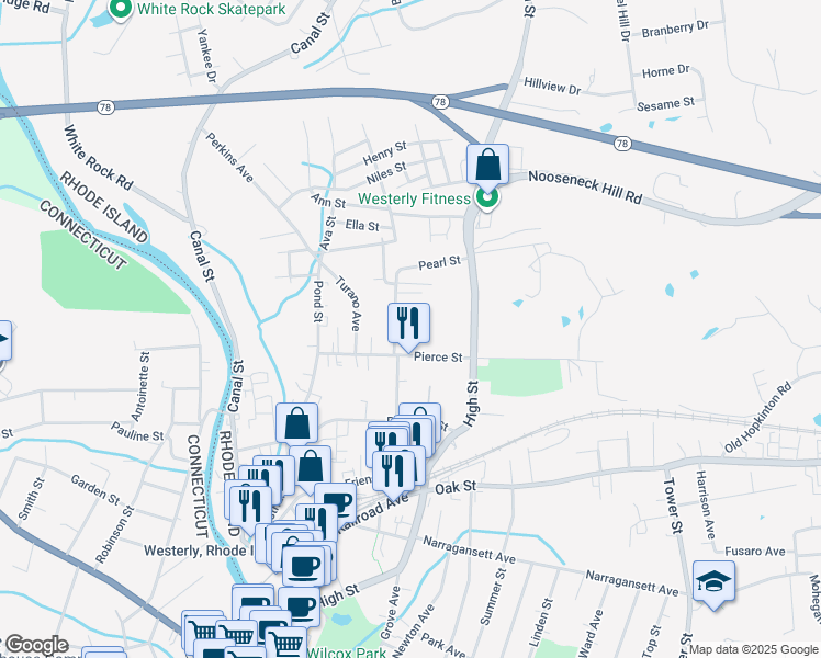 map of restaurants, bars, coffee shops, grocery stores, and more near 13 Pearl Street in Westerly