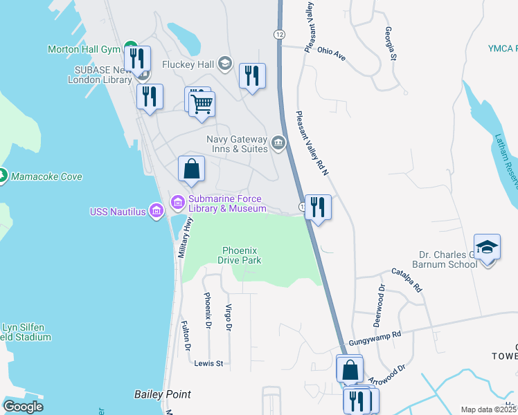 map of restaurants, bars, coffee shops, grocery stores, and more near 74-148 Crystal Lake Road in Groton